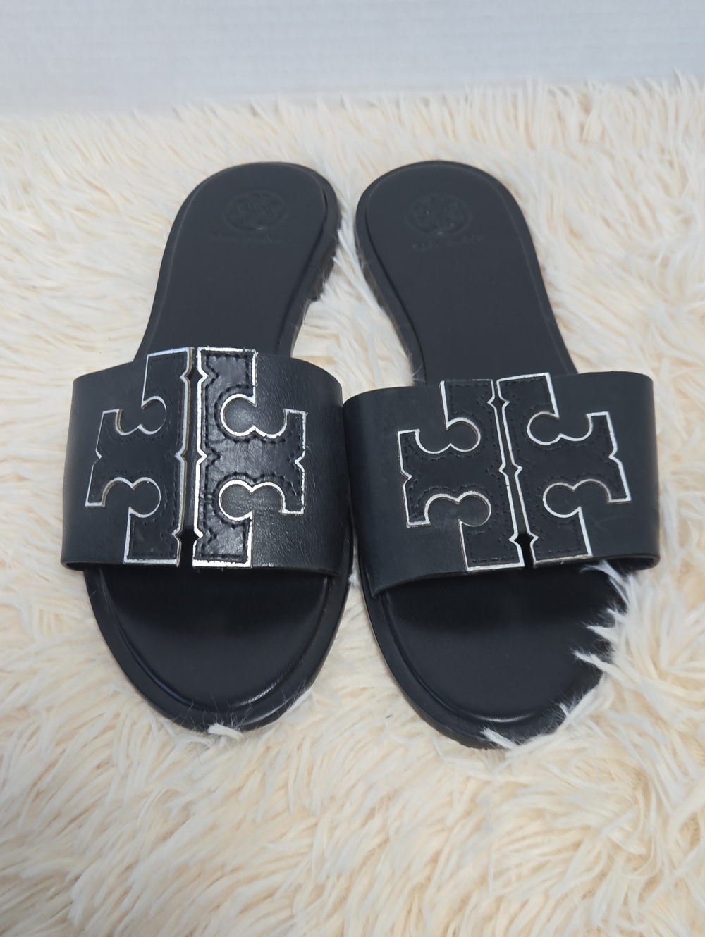 EUC Tory Burch Black Slide Sandals with Silver Logo Trim